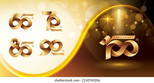 Set of 60 to 100 years Anniversary logotype design, Celebrating Anniversary Logo. Gold Twist Infinity Three line ribbon for celebration , invitation, greeting, 60, 70, 80, 90, 100 year Infinity loop
