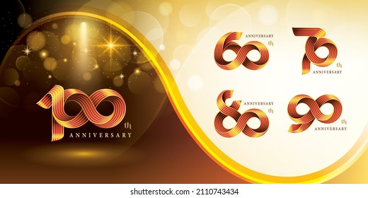 Diseño del logo de 60 a 100 años, Logo de la celebración del aniversario. Gold Twist Infinity línea múltiple para celebración evento, invitación, saludo, 60, 70, 80, 90, 100 años Logo de bucle infinito