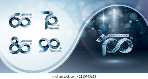 Juego de 60 a 100 años de diseño de logotipo de Aniversario, Logotipo de Celebración del Aniversario. Banda de tres líneas para celebración, invitación, saludo, 60, 70, 80, 90, 100 años bucle infinito