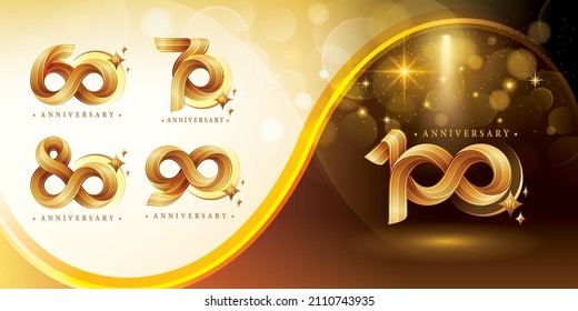 Set of 60 to 100 years Anniversary logo design, Celebrate Anniversary Logo. Gold Twist Infinity multiple line with Star for celebration , invitation, greeting, 60, 70, 80, 90, 100 year Infinity loop