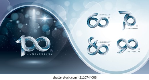 Juego de 60 a 100 años de diseño de logotipo de Aniversario, Logo de CelebrateAnniversario. Línea múltiple Silver Twist Infinity para evento de celebración, invitación, saludo, 60, 70, 80, 90, 100 años bucle infinito