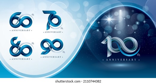 Set of 60 to 100 years Anniversary logotype design, Celebrate Anniversary Logo. Blue Twist Infinity multiple line for celebration, invitation, greeting, 60, 70, 80, 90, 100 year Infinity loop logo