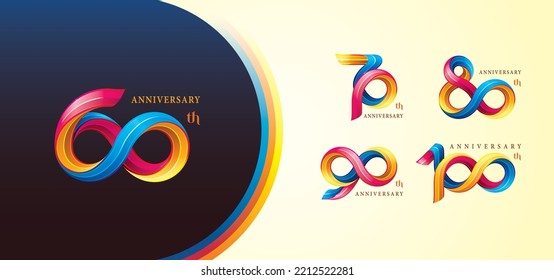 Set of 60 to 100 years Anniversary Colorful logotype design, Abstract Twist Infinity multiple line Colorful for invitation, Color Celebration Logo. 60;70;80;90;100 year Twisted Infinity loop number