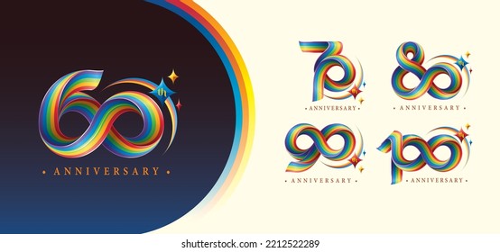 Set von 60 bis 100 Jahren Jubiläumsjahr Farbiges Logo-Design, Abstrakte Twist Infinity multiline Regenbogen mit Stern für Einladung, LGBT Festival Party.60;70;80;90;100 Jahre gedrehte Infinity-Nummer