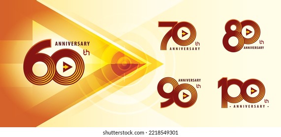 Set of 60 to 100 years Anniversary logotype design, Sixty to Hundred years Celebrating Anniversary Logo multiple line for celebration, 60, 70, 80, 90, 100, Arrow, Target Sign logo, Growth to Success.