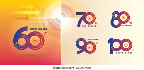 Set of 60 to 100 years Anniversary logotype design, Sixty to Hundred years Celebrate Anniversary Logo multiple line for celebration, 60, 70, 80, 90, 100, Play Arrow,Target Sign logo, Growth to Success