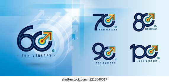 Set of 60 to 100 years Anniversary logotype design, Sixty to Hundred years Celebrating Anniversary Logo multiple line for celebration, 60, 70, 80, 90, 100, Arrow, Target Sign logo, Growth to Success.