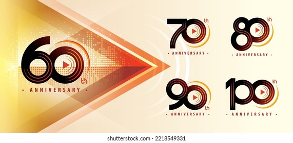 Juego de 60 a 100 años de diseño de logotipo de Aniversario, Sesenta a Cien años Celebrar Aniversario Logo línea múltiple para evento de celebración, invitación, 60, 70, 80, 90, 100, Play Arrow, logo de signo de objetivo