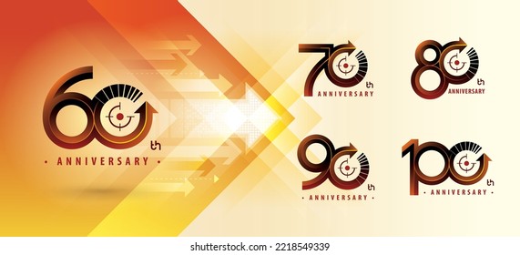 Set of 60 to 100 years Anniversary logotype design, Sixty to Hundred years Celebrating Anniversary Logo multiple line for celebration, 60, 70, 80, 90, 100, Arrow, Target Sign logo, Growth to Success.