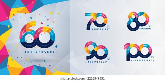 Set of 60 to 100 years Anniversary logotype design, Sixty to Hundred years Celebrate Anniversary Logo, Abstract Colorful Geometric Triangle for celebration, 60, 70, 80, 90, 100, Color Number Sign logo svg