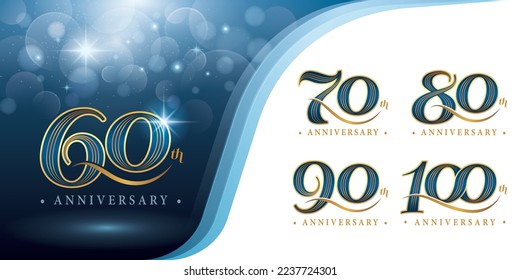 Set of 60 to 100 years Anniversary logotype design, Sixty to Hundred years Celebration Anniversary Logo, Blue and Gold Elegant Classic Logo, 60, 70, 80, 90, 100 Luxury and Retro Serif Number Letters, svg