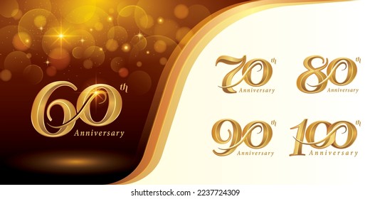 Set of 60 to 100 years Anniversary logo design, Sixty to Hundred years Celebrating Anniversary Logo,  Gold Elegant Classic Logo for Celebration, 60,70,80,90,100, Luxury and Retro Serif Number Letters, svg