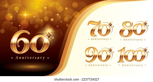 Set of 60 to 100 years Anniversary logotype design, Sixty to Hundred years Celebrating Anniversary Logo, Golden Elegant Classic Logo with Star, 60,70,80,90,100, Luxury and Retro Serif Number Letters. svg