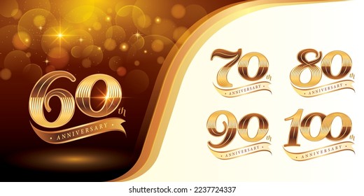 Set of 60 to 100 years Anniversary logotype design, Sixty to Hundred years Celebration Anniversary Logo, Luxury Golden Elegant Classic Logo with Ribbon, 60,70,80,90,100, Retro Serif Number Letters,