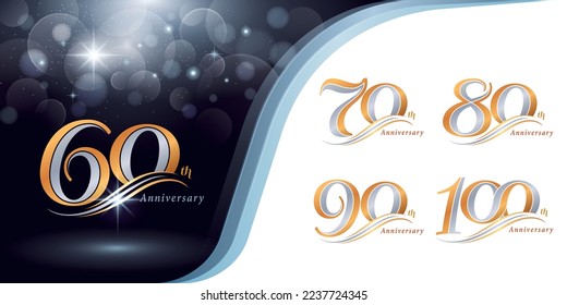 Set of 60 to 100 years Anniversary logotype design, Sixty to Hundred years Celebration Anniversary Logo, Silver and Gold Elegant Classic Logo, 60,70,80,90,100, Luxury and Retro Serif Number Letters,