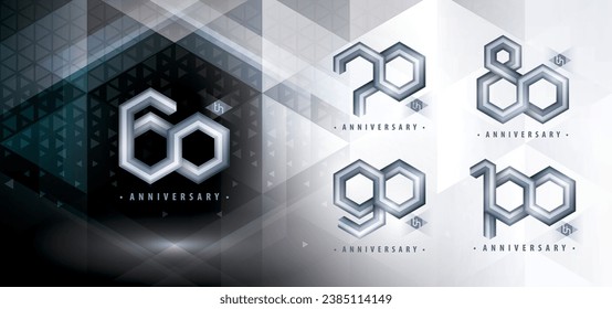 Set of 60 to 100 years Anniversary logo design, Sixty to Hundred years anniversary celebration. Abstract Silver Hexagon Infinity logo, 60,80,90,100 Years Logo for event.  Polygon Geometric Hex Numbers