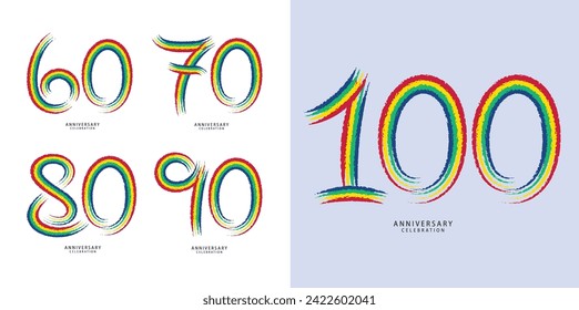 Set of 60 to 100 years Anniversary logotype design, 60, 70, 80, 90, 100 number design, anniversary template, anniversary vector design elements for invitation card, poster, flyer, colorful line vector
