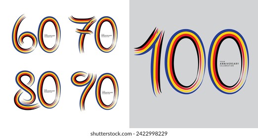 Set of 60 to 100 years Anniversary logotype design, 60, 70, 80, 90, 100 number design, anniversary template, anniversary vector design elements for invitation card, poster, flyer, colorful line vector