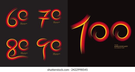 Set of 60 to 100 years Anniversary logotype design, 60, 70, 80, 90, 100 number design, anniversary template, anniversary vector design elements for invitation card, poster, flyer, colorful line
