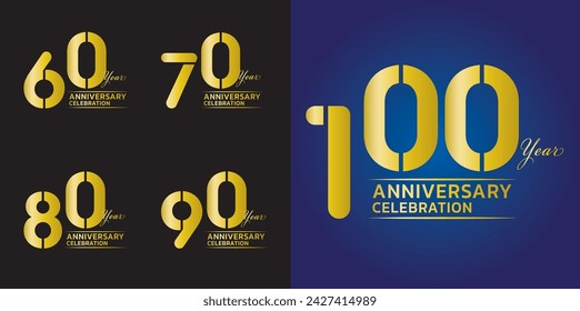 Conjunto de 60 a 100 años Diseño de logotipo de aniversario, 60, 70, 80, 90, diseño de número 100, plantilla de aniversario, elementos de diseño vectorial de aniversario para tarjeta de invitación, póster, volante, vector de color dorado
