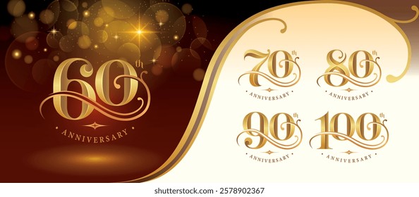 Set of 60 to 100 years Anniversary logo design, Sixty to Hundred years Celebrating Anniversary Logo, Golden curved lines Elegant Classic Logo, 60,70,80,90,100, Luxury and Retro Serif numbers for event