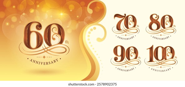 Set of 60 to 100 years Anniversary logotype design, Sixty to Hundred years Celebrating Anniversary Logo, Gold curved lines dots Elegant Classic Logo, 60,70,80,90,100, Luxury and Retro Serif numbers