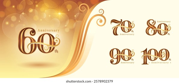 Set of 60 to 100 years Anniversary logo design, Sixty to Hundred years Celebrating Anniversary Logo, Gold curved roll lines Elegant Classic Logo, 60,70,80,90,100, Luxury and Retro numbers for Event