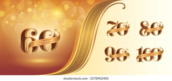 Set of 60 to 100 years Anniversary logotype design, Sixty to Hundred years Celebrating Anniversary Logo, Red Gold curved Ribbon Elegant Classic Logo, 60,70,80,90,100, Luxury and Retro Serif numbers