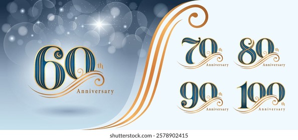 Set of 60 to 100 years Anniversary logo design, Sixty to Hundred years Celebrating Anniversary Logo, Gold curved lines Elegant Classic Logo, 60,70,80,90,100, Luxury and Retro Serif numbers for Event