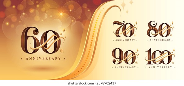 Set of 60 to 100 years Anniversary logo design, Sixty to Hundred years Celebrating Anniversary Logo, Gold curved lines Star Elegant Classic Logo, 60,70,80,90,100, Luxury and Retro Serif numbers design