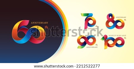 Set of 60 to 100 years Anniversary Colorful logotype design, Abstract Twist Infinity multiple line Colorful for invitation, Color Celebration Logo. 60;70;80;90;100 year Twisted Infinity loop number