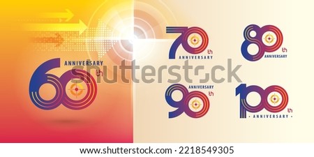 Set of 60 to 100 years Anniversary logotype design, Sixty to Hundred years Celebrate Anniversary Logo multiple line for celebration, 60, 70, 80, 90, 100, Play Arrow,Target Sign logo, Growth to Success