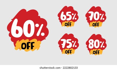 Set of 60, 65, 70, 75 and 80 Percent Off Tags. Fun Vector for Sales Season. Illustration for Big Discounts.