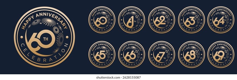 set of 60 to 69th anniversary logotype design, with golden fireworks for celebration event, wedding, and birthday, vector illustration