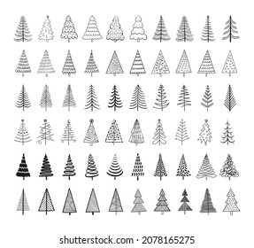 Set of 60 abstract Christmas trees in hand drawn style. Black vector illustration is isolated on white background.