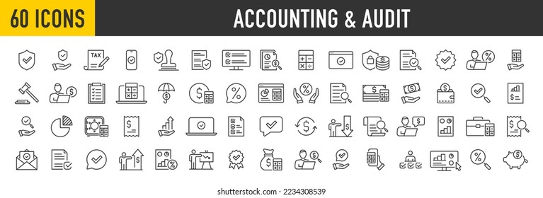 Set of 60 Accounting and audit web icons in line style. Assessment, calculator, check mark, auditing, inspection, investment, calculation, analytics, collection. Vector illustration.