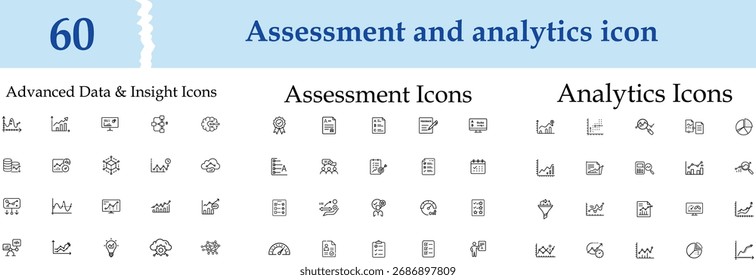 A set of 60 assessment and analytics icons, including various symbols for evaluation and data analysis, isolated on transparent background	