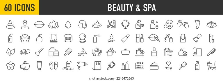 Conjunto de 60 iconos web de Beauty and Spa con estilo de línea. Cosméticos, masaje, vela, cuidado y mantenimiento saludable, tratamiento, salón, maquillaje, moda, tratamiento, colección. Ilustración vectorial.