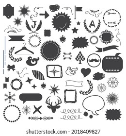Set of 60 black random silhouette and line isolated motifs icons design elements on white background