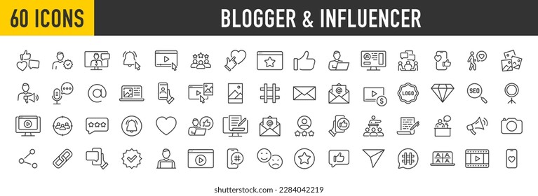 Set of 60 Blogger and Influencer web icons in line style. Blog, monetization, personal brand, video, likes, social media, collection. Vector illustration.