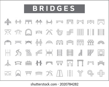 Set of 60 bridge and road line style. Contains such icons as street, way, path, track, route, navigation, tunnel, transport and other elements.