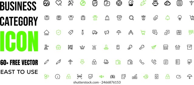 Set of 60+ business category icons set. business outline icons with editable stroke collection. Includes Cart, E-Commerce, Sale, Shop, Discount, and More