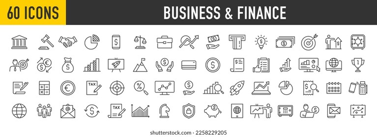 Set of 60 Business and Finance web icons in line style. Money, bank, contact, office, payment, strategy, accounting, infographic. Icon collection. Vector illustration.