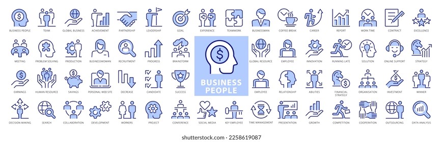 Set of 60 Business People Thin Line Icons. Big Blue and White icons pack. Leadership, Teamwork, Career, Partnership, Goal, Meeting, Solution. Vector illustration.