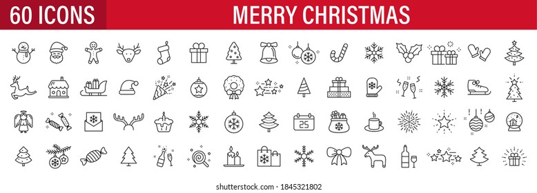 Set of 60 Christmas icons. Merry Christmas and Happy New Year. Collection xmas icons. Winter, santa, tree, presents, snowflakes, holiday. Vector illustration.