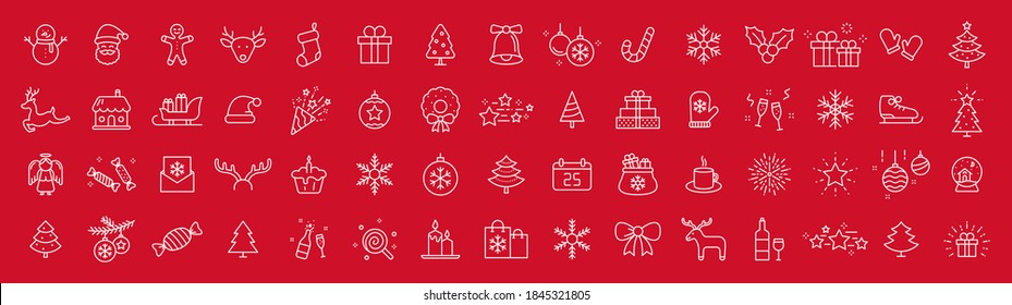 Set of 60 Christmas icons. Merry Christmas and Happy New Year. Collection xmas icons. Winter, santa, tree, presents, snowflakes, holiday. Vector illustration.