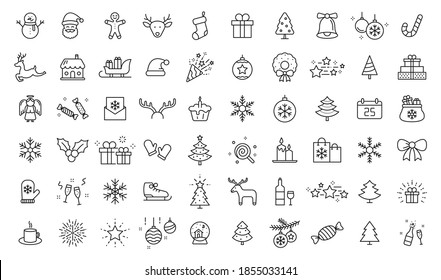 Set of 60 Christmas icons. Merry Christmas and Happy New Year. Collection xmas icons. Winter, santa, tree, presents, snowflakes, holiday. Vector illustration