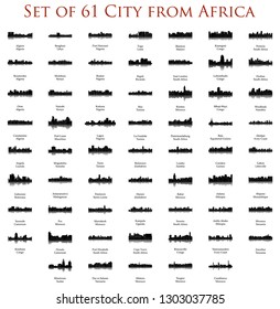 Set of 60 City Silhouettes from Africa ( Fez, Lusaka, East London, Lome, Togo, Kigali, Port Harcourt, Zanzibar, Meknes, Khartoum, Tunis, Marrakech, Morocco, South Africa, Johannesburg )