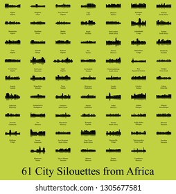 Set of 60 City Silhouettes from Africa ( Fez, Lusaka, East London, Lome, Togo, Kigali, Port Harcourt, Zanzibar, Meknes, Khartoum, Tunis, Marrakech, Morocco, South Africa, Johannesburg )