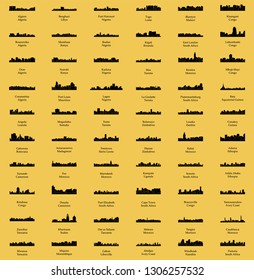 Set of 60 City Silhouettes from Africa ( Fez, Lusaka, East London, Lome, Togo, Kigali, Port Harcourt, Zanzibar, Meknes, Khartoum, Tunis, Marrakech, Morocco, South Africa, Johannesburg )